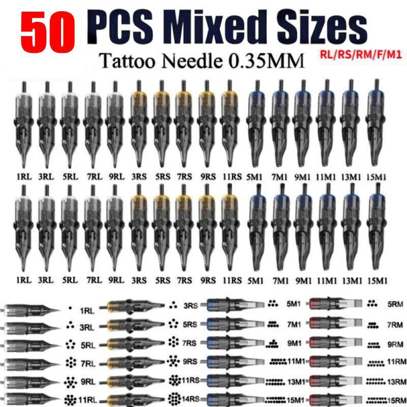 50PCS Mixed Cartridge Original Cartridge Tattoo Needles RL RS RM M1 F Disposable Sterilized Safety Tattoo Needles for Cartridge