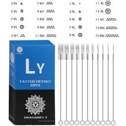 50PCS/Box Disposable Assorted Sterilized Tattoo Needles Round Liner 1RL 3RL 5RL 7RL 14RL For Microblading Machine Gun Grip Tips
