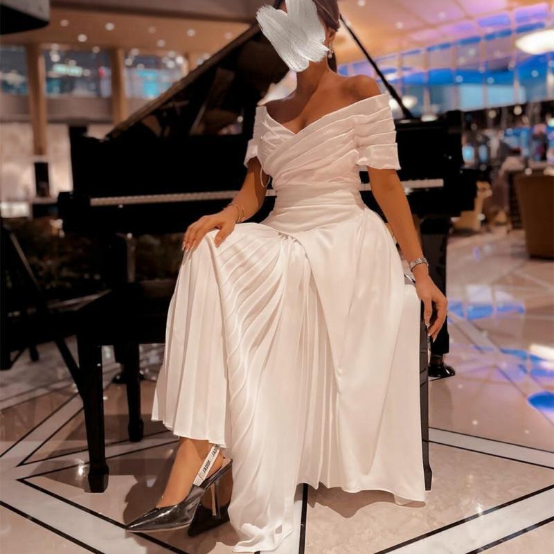 Elegant Short Ivory Off Shoulder Evening Dresses فساتين السهرة A-Line Pleated Party Gowns Tea Length Prom Dress Robe de soirée
