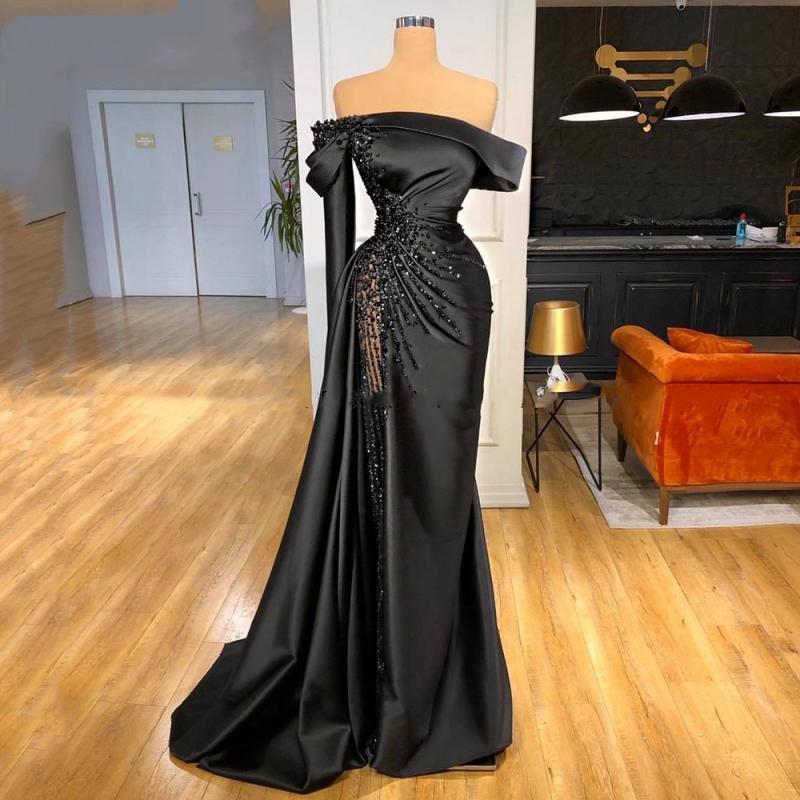 Black Beading Off Shoulder Satin Mermaid Evening Dresses Party Dress Formal Long Prom Dress robes de soirée Custom Made Measures