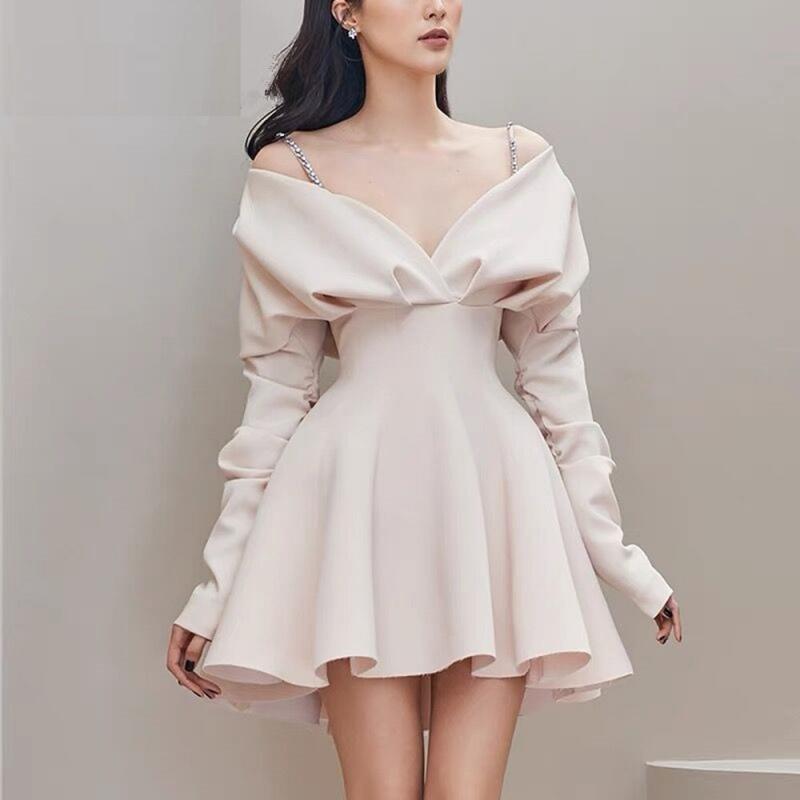 New Spring Summer Women's V-Neck Waist Long Sleeve Formal Occasion Dresses High End Temperament Slip Dress