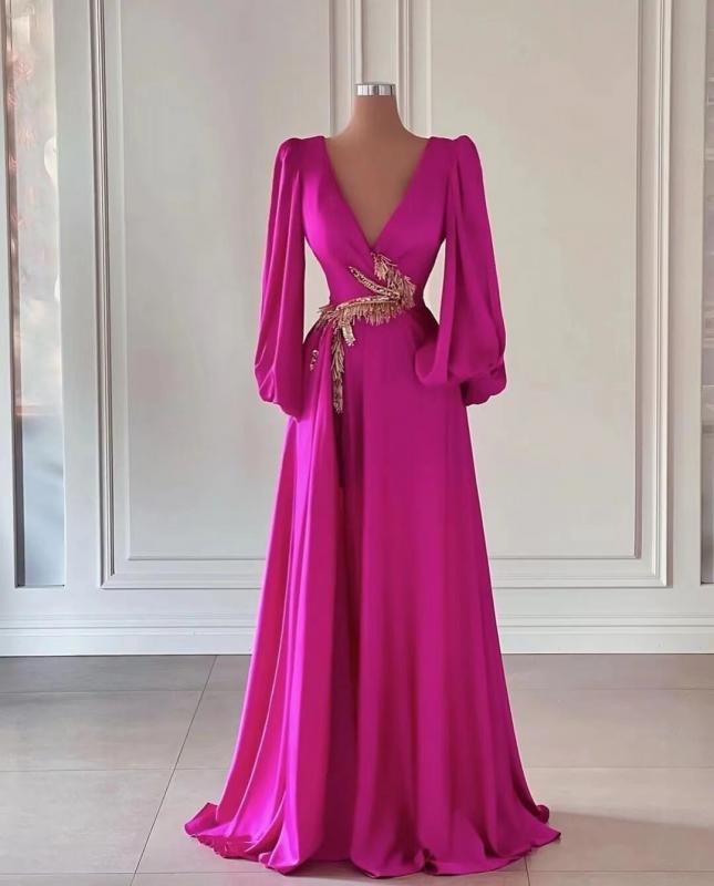 Real Image V Neck Evening Dresses Women Wear Long Sleeves Prom Dress with Sash Ruched A Line Bride Gowns Special Occasion