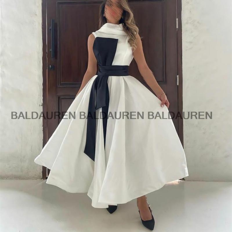 Vintage Short Satin Evening Dresses A-Line Puffy فساتين السهرة White Prom Dresses Robes de soirée Tea Length Party Dresses