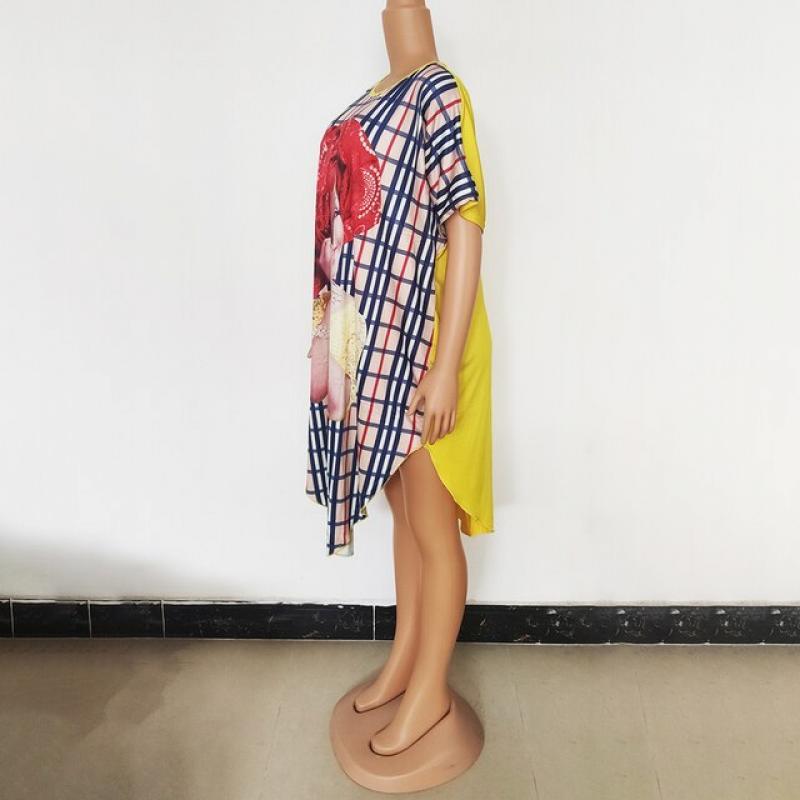2022 Summer Short Sleeve Dresses For Women Plaid Head Printed O-collar Loose Irregular Mid Robe Femme Casual Africa Beach Dress