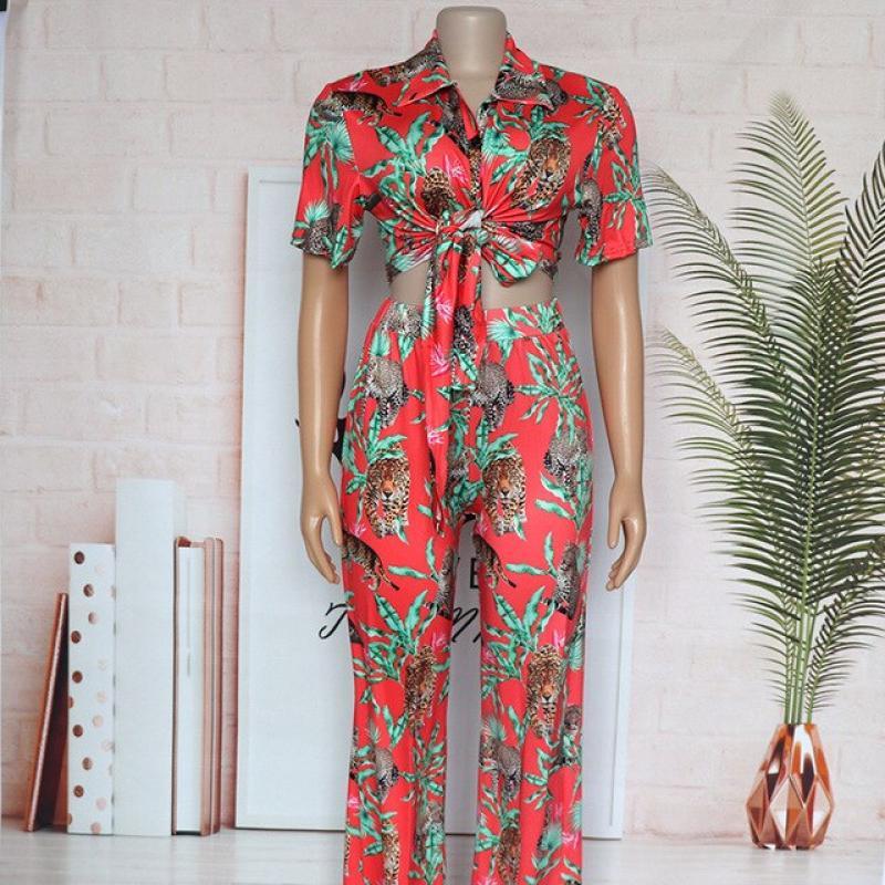 African Clothes 2 Two Piece Set Women Summer Fashion Print Shirt Straps Tops And Pants Elastic Streetwear African Suits For Lady