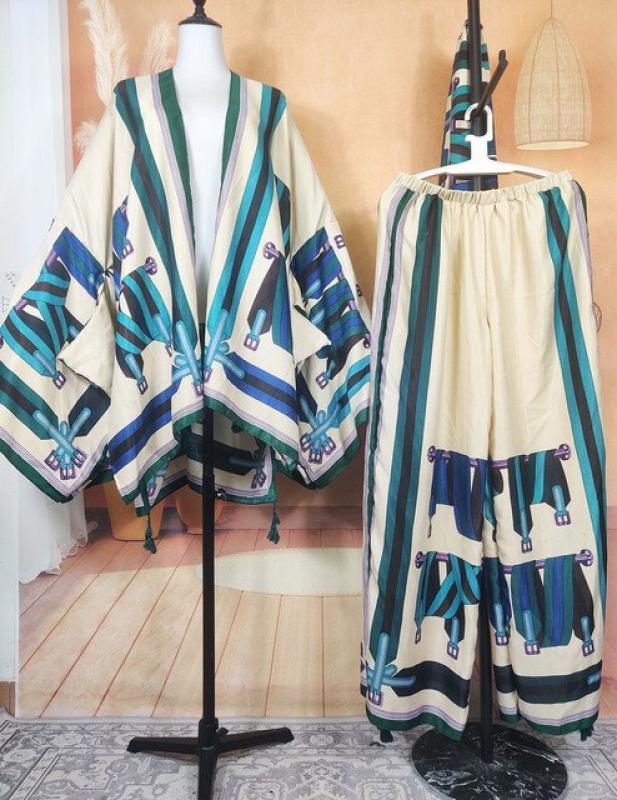 Plus Size Middle East 2023 New Fashion Designer Cotton Muslim Lady Loose Two Pieces Set Spring Summer Boho Kimonos + Pants