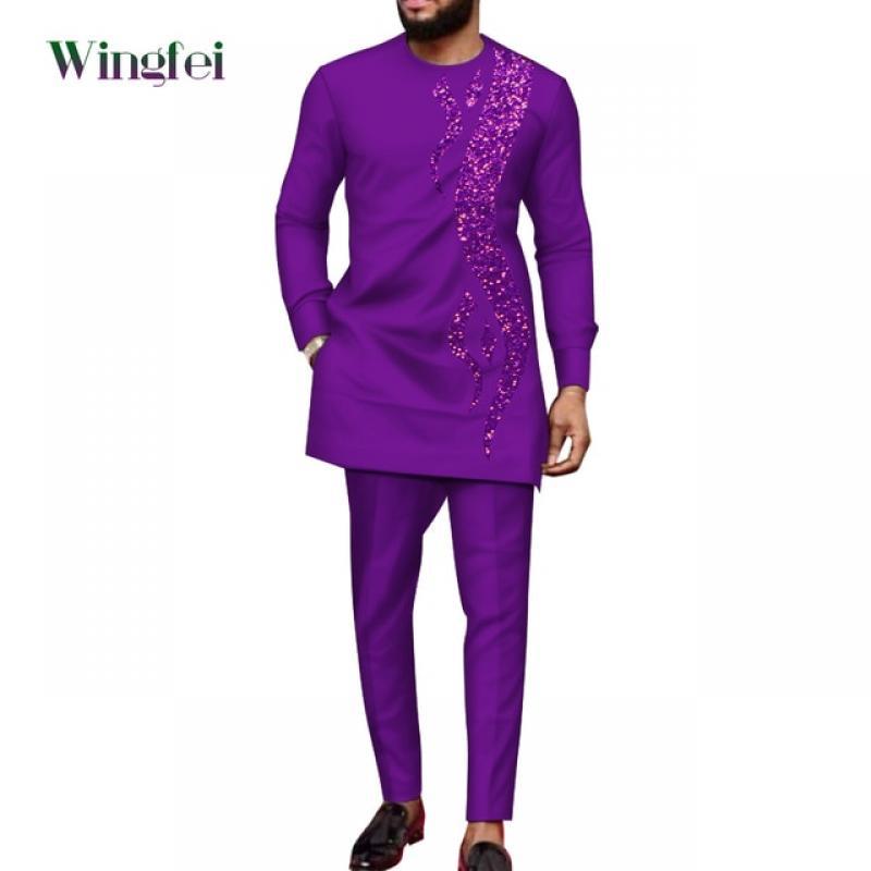 Bazin Riche African Clothes for Men 2 Pieces Set Long Sleeve Shirt and Trousers Dashiki Men Suits African Men Boubou Wyn1588