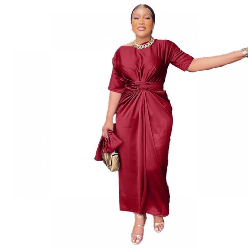 Summer Elegant African Women Half Sleeve O-neck Polyester Red Gray Pink Blue 2 Pieces Sets Top+ Long Skirts African Dresses