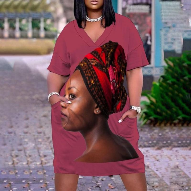2022 Summer Gothic Indian African Girls Dress Women Short Sleeve Dresses Knee-length Boho Sexy V-Neck Loose Vintage Party Dress