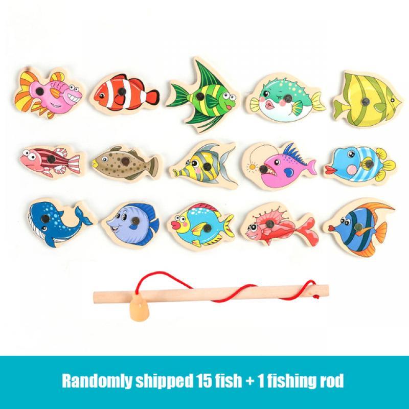Wooden Magnetic Fshing Game Cartoon Marine Life Cognition Fish Rod Toys for Children Early Educational Parent-child Interactive