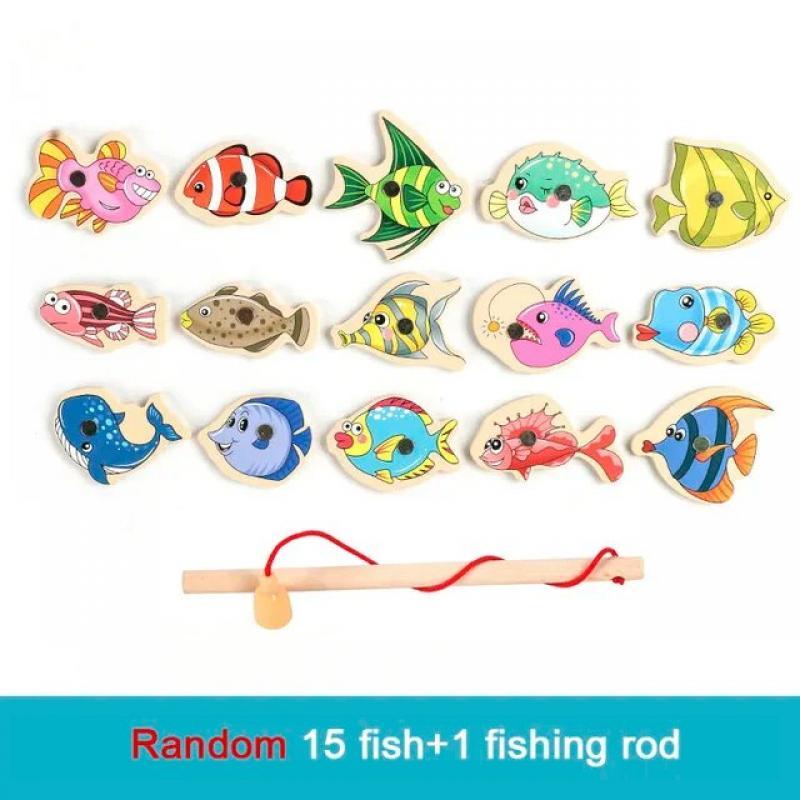 Montessori Wooden Magnetic Fishing Toys for Kids Cartoon Marine Life Cognition Fish Games Education Parent-Child Interactive Toy