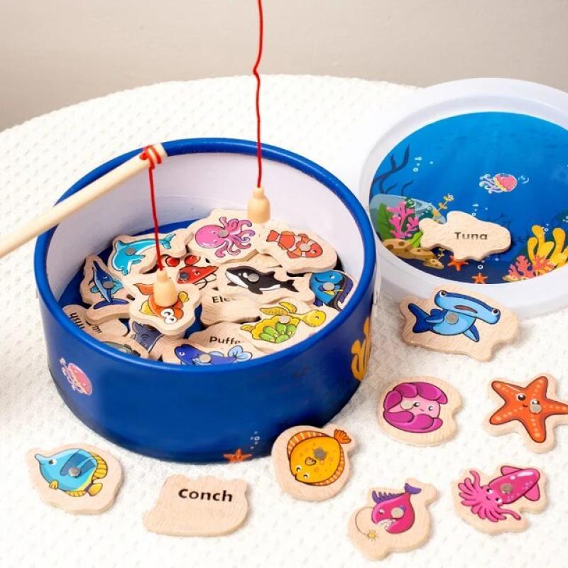 Montessori Wooden Magnetic Fishing Toys for Baby Cartoon Marine Life Cognition Fish Games Education Parent-Child Interactive