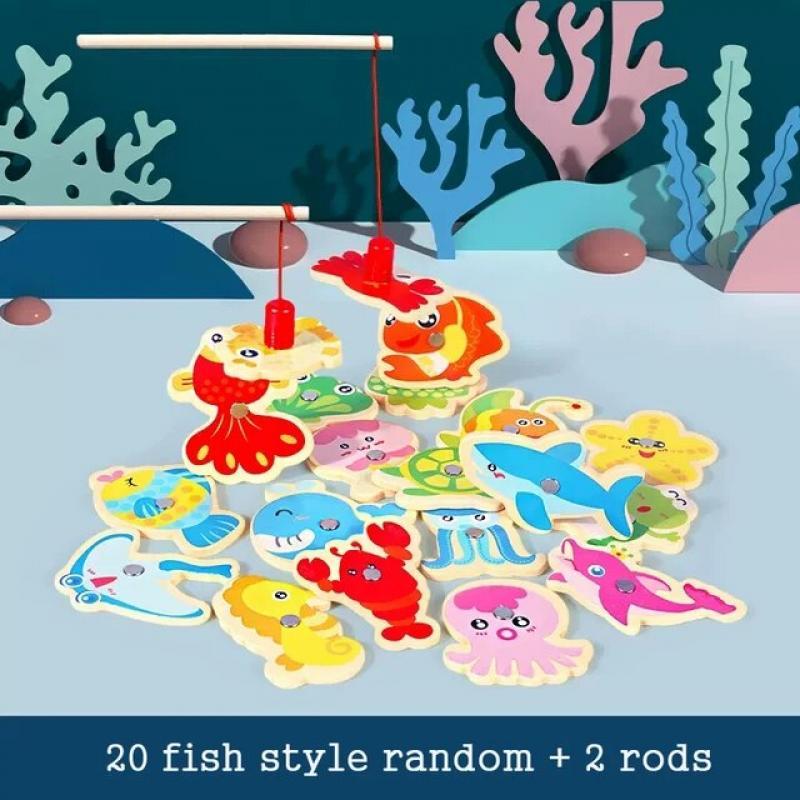 Wooden Magnetic Fishing Toys Parent-Child Interactive Montessori Cognition Number Marine Life Cartoon Early Educational Kid Gift