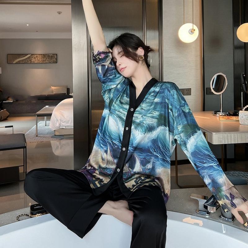 QSROCIO NEW Women's Pajamas Set Luxury Style Painting Print Sleepwear Satin Silky Touch Homewear V Neck Nightie Casual Home Suit