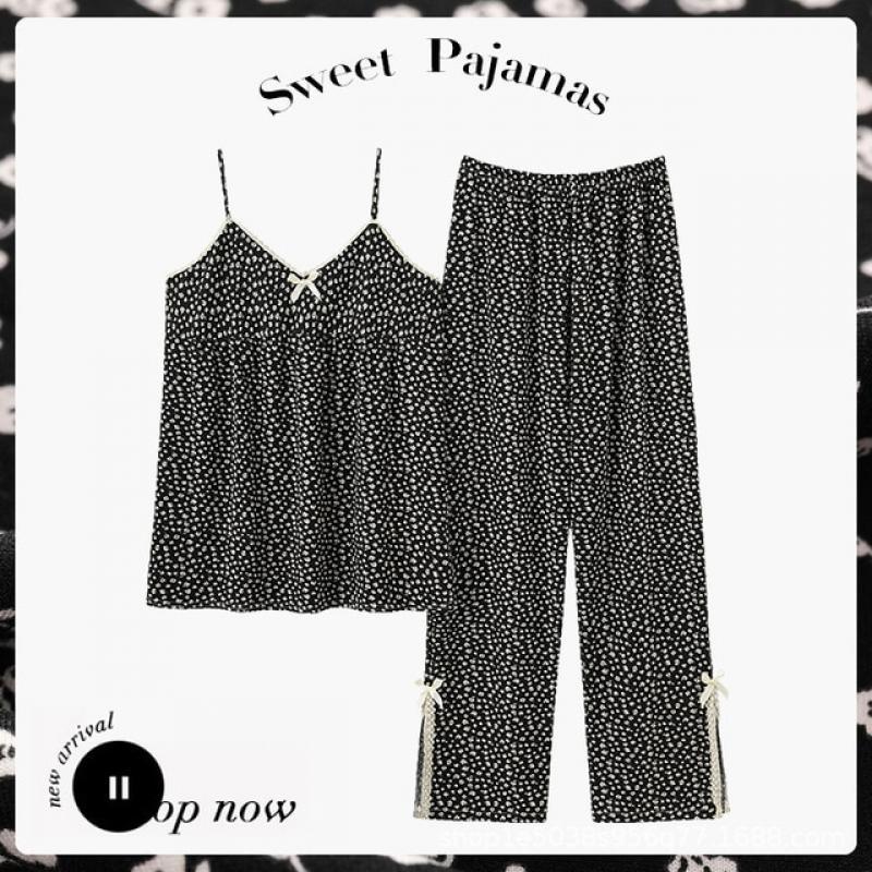 Pajamas Women Summer Suspender Pants INS Vintage Fragmentary FrenchSweet Sexy Can be Worn Out Two-piece Set with Breast Pad Slee