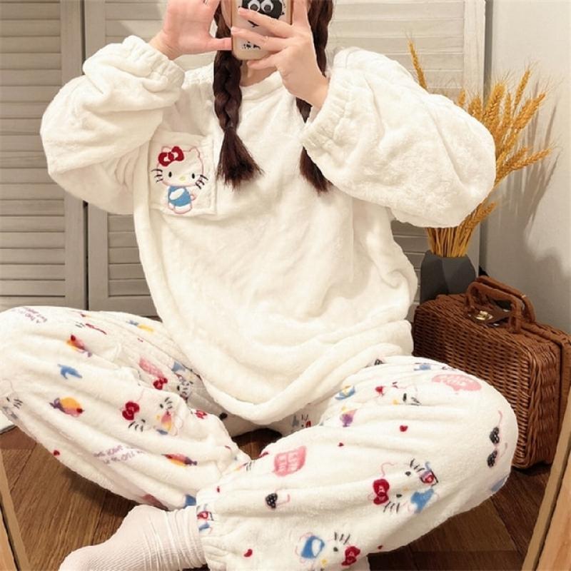 Flannel Pajamas Set Pajamas Autumn Winter Warm Cartoon Print Kawaii Flannel Women Pyjamas Sets Thick Coral Velvet Long Sleeve