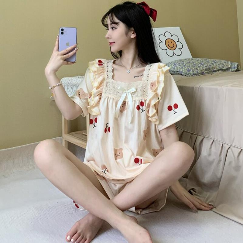 Pure Cotton Summer Women Pajamas Short Sleeve Lace Girl Pyjamas Cute  Ladies Trousers Large 2 Piece Home Clothes Korea Style 6XL