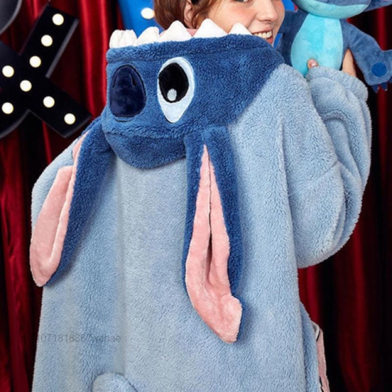 Disney Stitch Donald Duck Pajamas Set For Women New Cartoon Hooded Winter Nightwear Thick Coral Velvet Couple Sleepwear Clothes