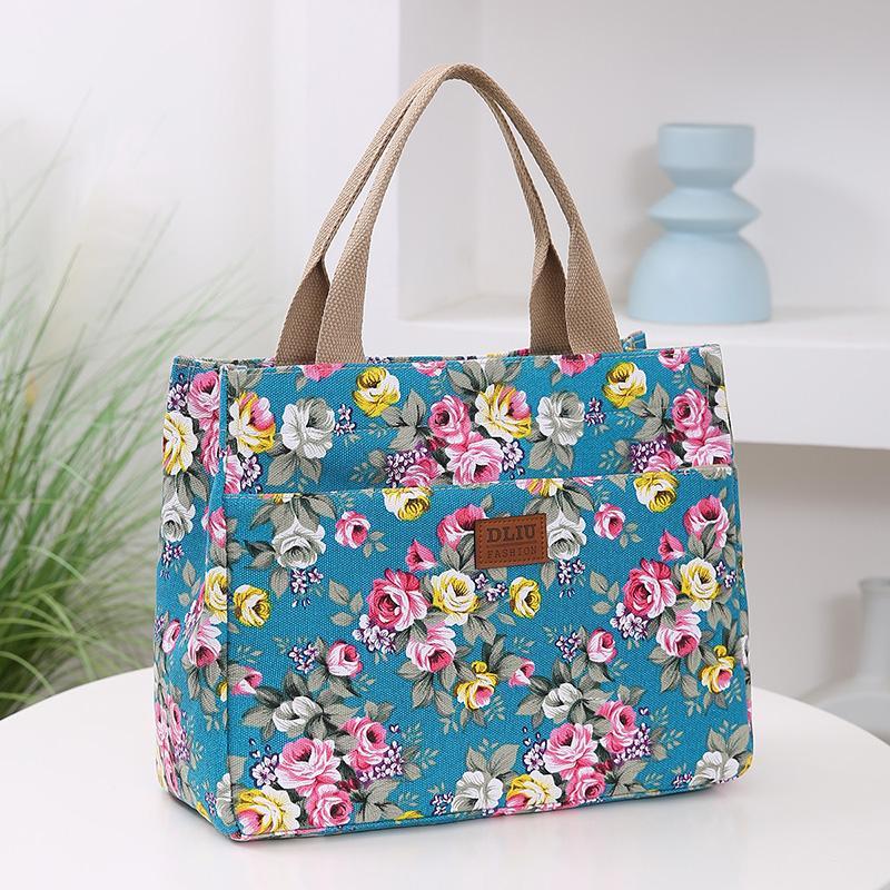 Fashion Floral Print Tote Bag, Portable Canvas Lunch Bag, Women's Casual Handbag & Bento Mommy Bag For Picnic Travel