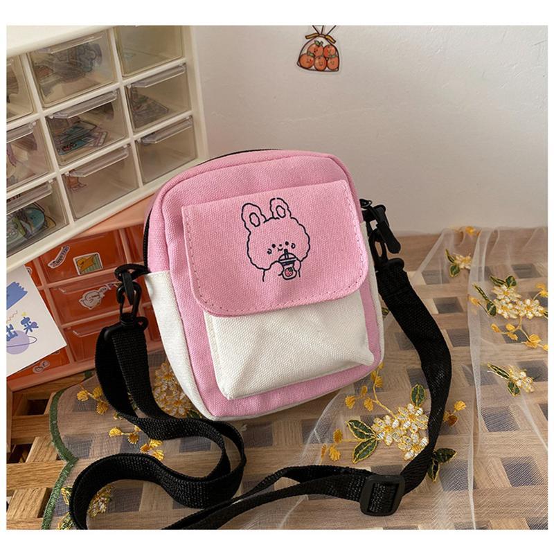 Canvas Women's Crossbody Bags Small Cartoon Rabbit Printed Messenger Bag Fashion Casual Handbag for Girl Students Zipper Purse