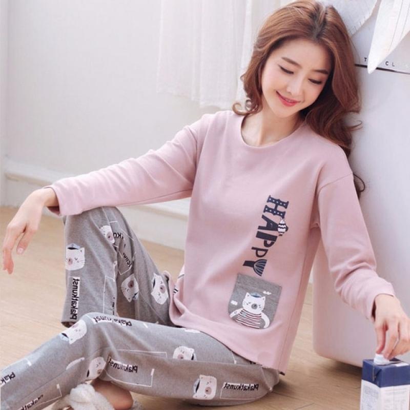 2022 New Autumn Thin 2pieces Pyjamas Set Women Cotton Round Neck Girls Bear Pajamas Sets Teacup Cat Full Sleepwear Clothess Tops
