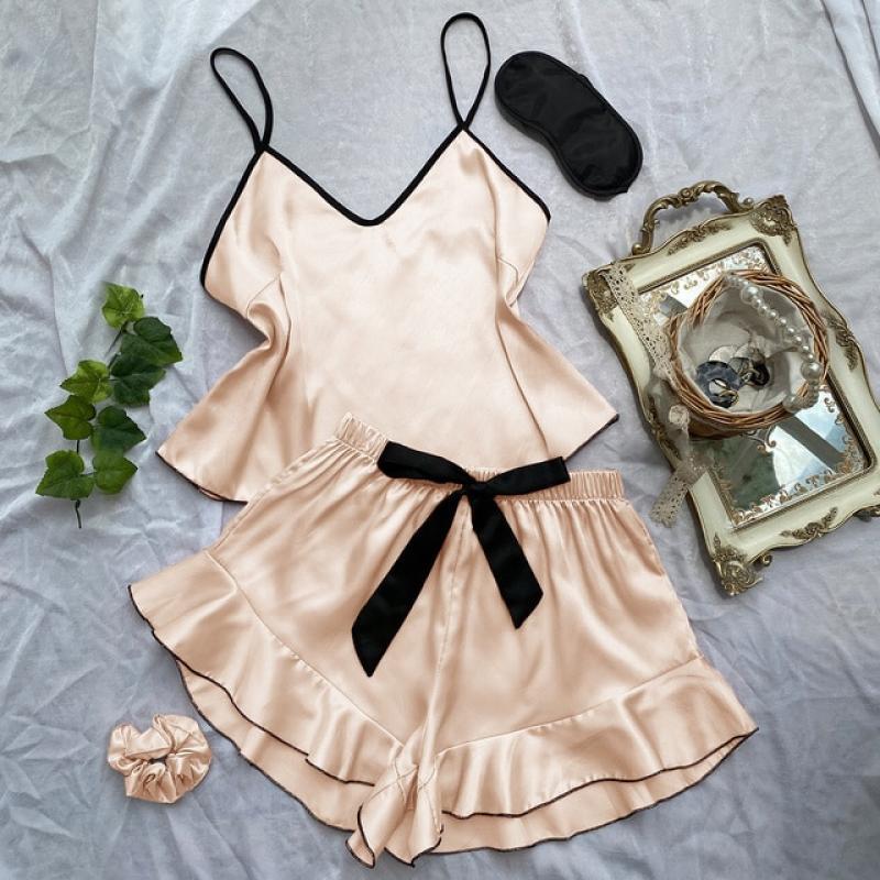Lisacmvpnel Ice Silk Women's Summer Fashion Sling Shorts Set Pajamas Sexy Fashion 4 Pcs Suit Sleepwear