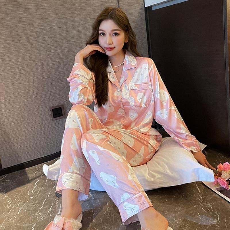 Women's 2 Piece Pajamas Sets Striped Print Pijama Faux Silk Satin Pyjama Female Sleepwear Long Sleeve Lapel Shirt Pants Homewear