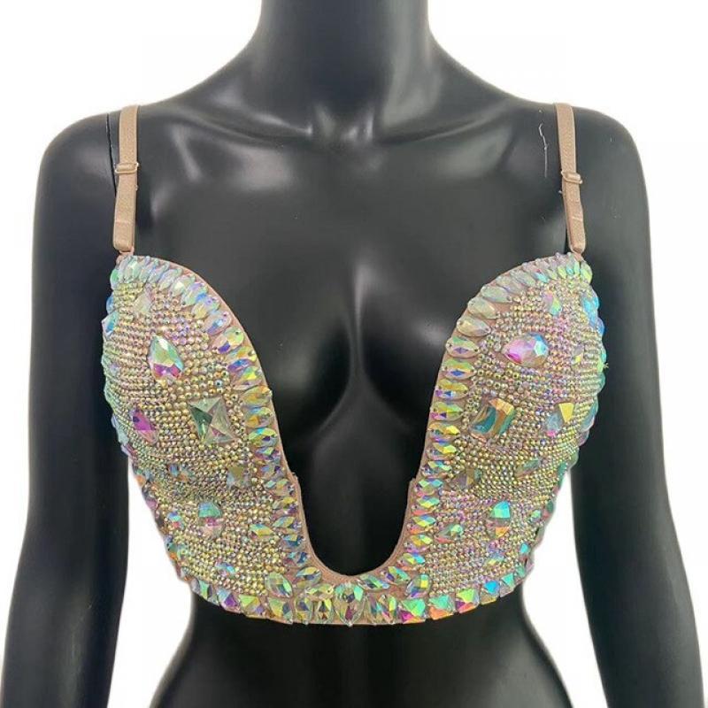 Sexy Fashion Diamonds Female Underwear Bras Nightclub Wear Low Cut Shiny Rhinestone Crystal Push Up Padded Bra Top Women Clothes