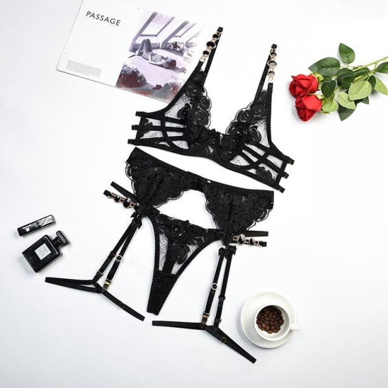 Women Fancy Lingerie Embroidery Rose Floral Underwear Transparent Rhinestones Crystal 3 Piece Lingere Set Luxury Intimate Erotic