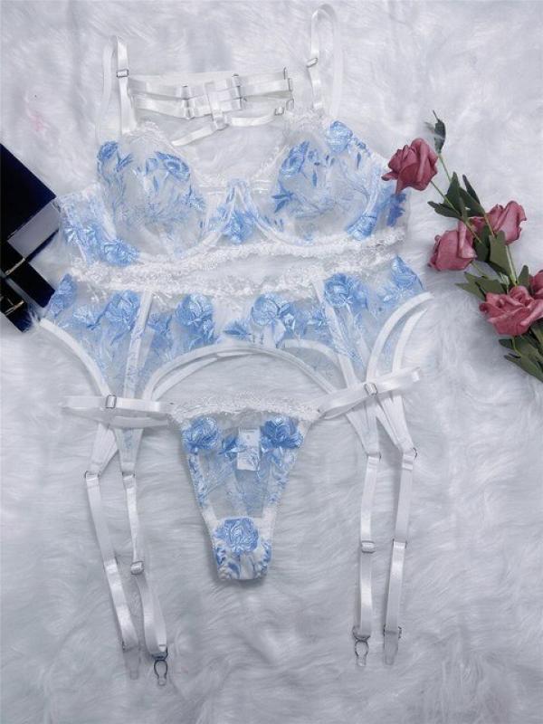 Swinol Fancy Lingerie 4 Piece set Sexy Delicate Transparent Bra Underwear Fairy Lace Luxury Embroidery Set Garter Intimate