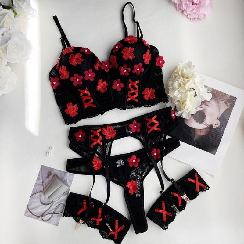 Swinol Floral Beautiful Underwear 4-Piece Bra Padded Fine Romance Bilizna Set Fairy Sexy Lingerie Luxury Lace Outfits Underwear