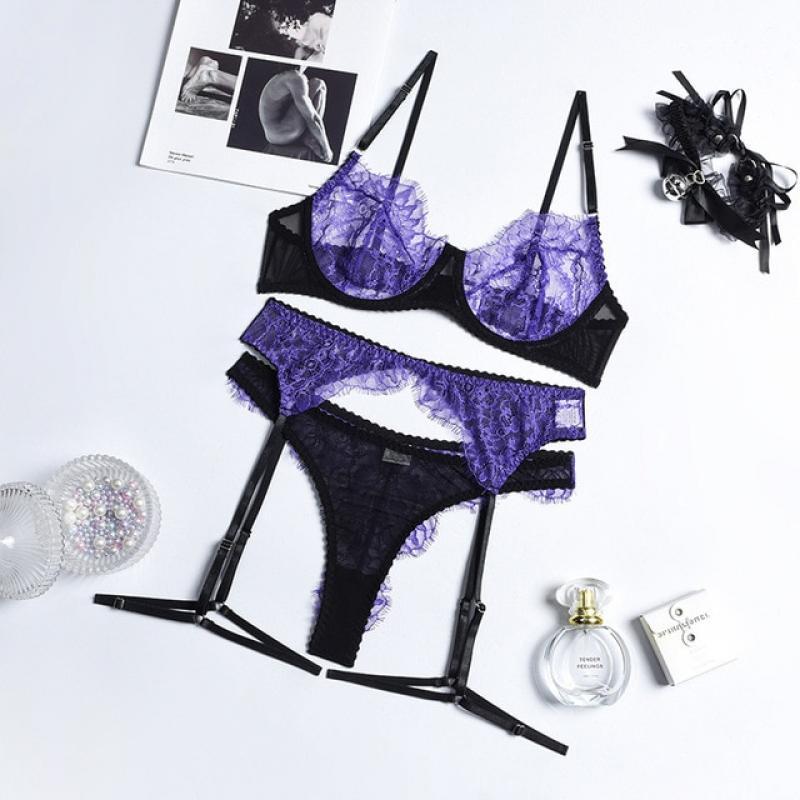 Porn underwear lace stitching sexy exotic suit transparent bra sexy underwear three-piece tights Lingerie Bra & Brief Sets