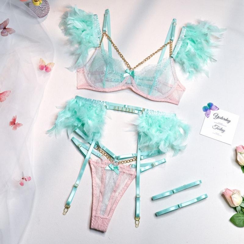 Feather Sensual Lingerie Sexy Transparent Lace Bra With Chain Exotic Sets Porn 3 Piece Set Garters Underwear Erotic Costumes