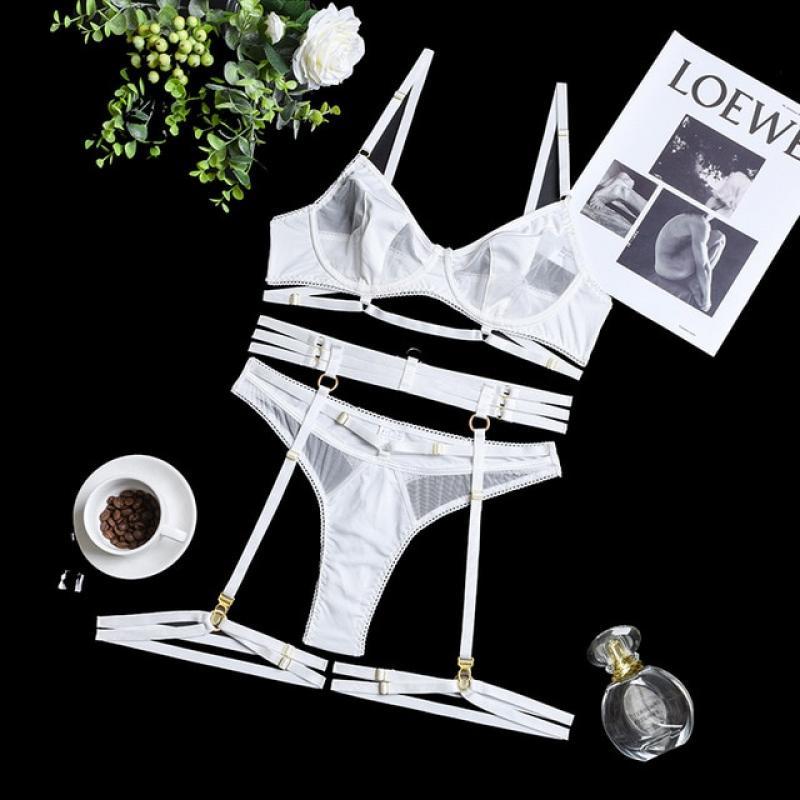 Yimunancy 3-Piece Black Bra Set Women Patchwork See Through Mesh Lingerie Set Ladies Sexy Panty Underwear Set