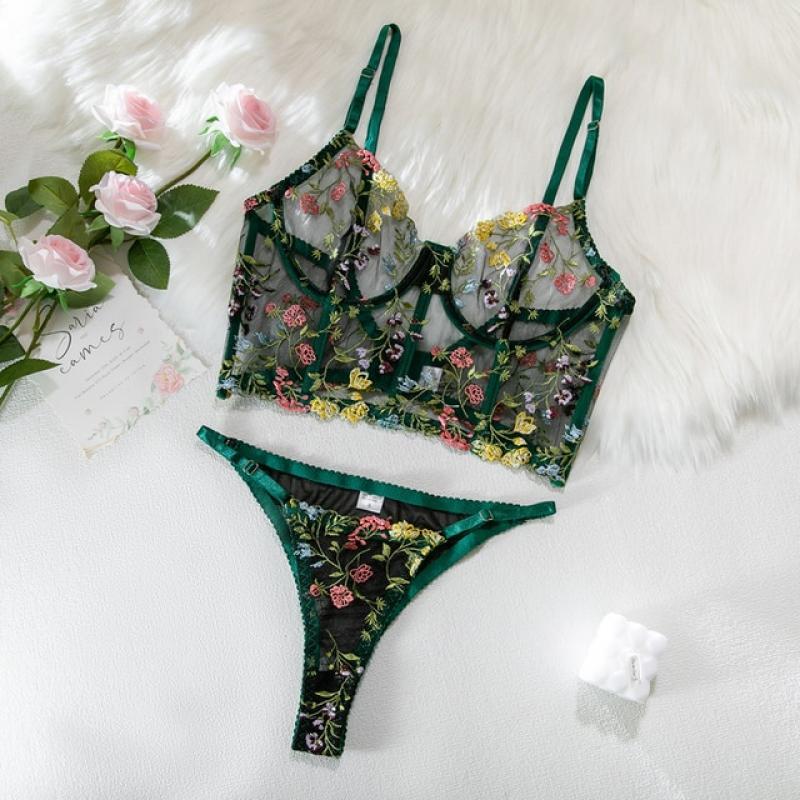 Floral Embroidery Transparent Bra Underwear Set Ladies Sexy Fancy Lingerie Thin Lace Push Up Bra Set Fancy Brief Kit