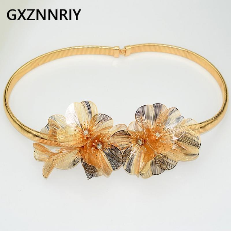 Handmade Copper Flower Belts for Women Accessories Party Gold Color Elastic Metal Luxury Fashion Dress Rhinestone Belt Prom Gift