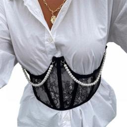 Women Solid Color Waist Corset Fashion Chain Perspective Shapewear Girdle For Vacation Party Net Yarn Mesh Steampunk