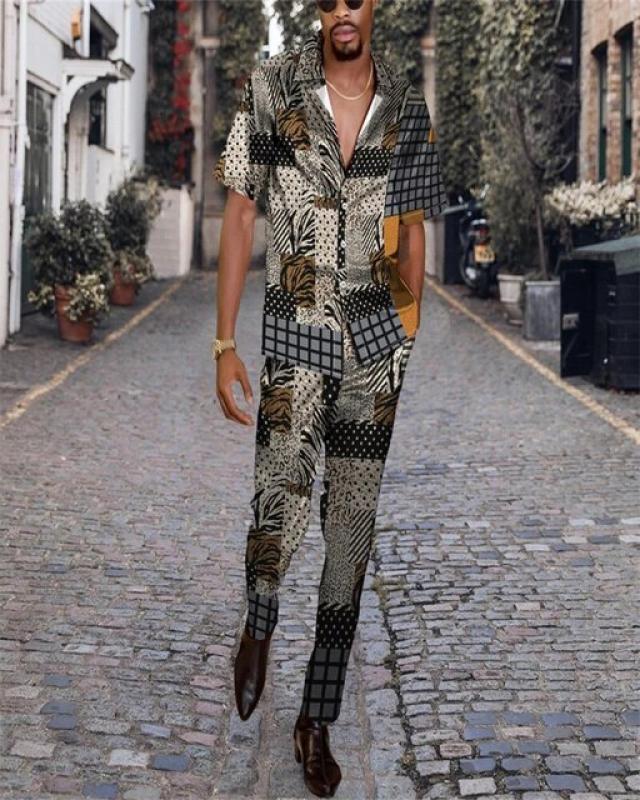 New Spring Gentleman Shirt Trousers Checkered Fashion Brand 3D Men Suit  Cardigan Pants Set European Size Man's Outfit