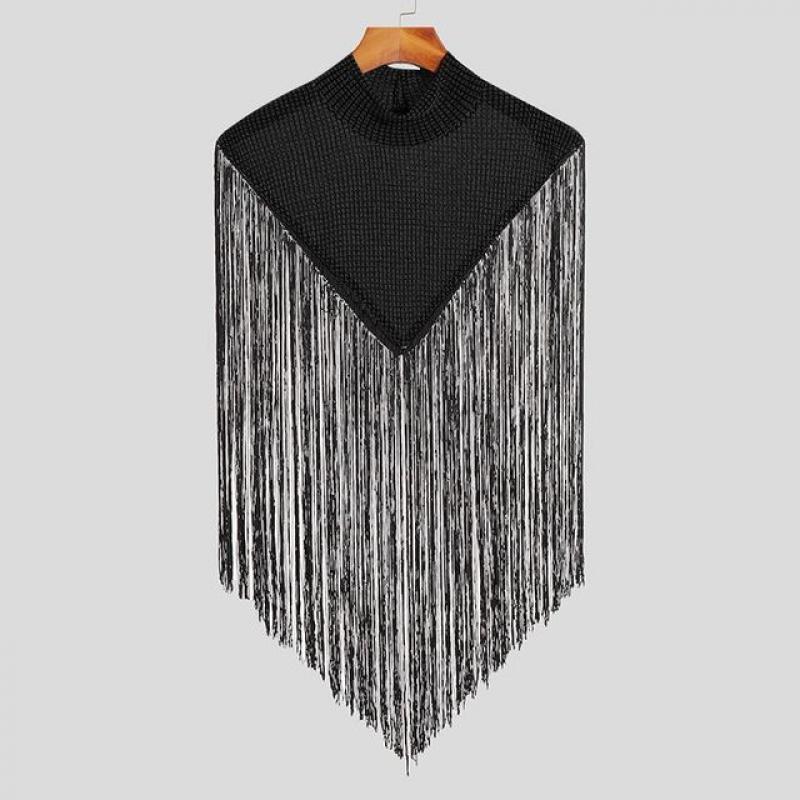 INCERUN Men Vests Tassel Patchwork Turtleneck Sleeveless Casual Cloak Ponchos Streetwear Sexy 2023 Fashion Irregular Tank Tops