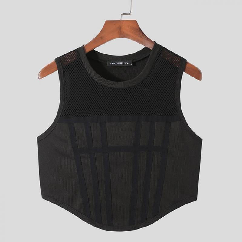 Men Tank Tops Mesh Patchwork 2023 Round Neck Sleeveless See Through Sexy Vests Streetwear Party Nightclub Men Crop Tops INCERUN