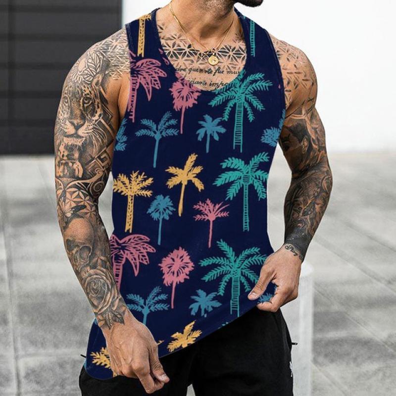 Men's Hawaii Palm Tree Printed Sleeveless Tee Tank Tops Summer Casual Beach Vest O Neck Shirt Men Gym Clothing Bodybuilding 2022