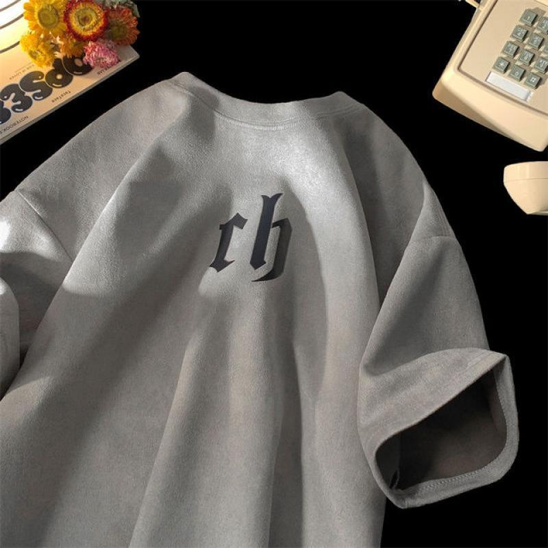American retro printed short sleeved men tide brand trendy slim heavy T-shirt suede summer couple dress half sleeved harajuku