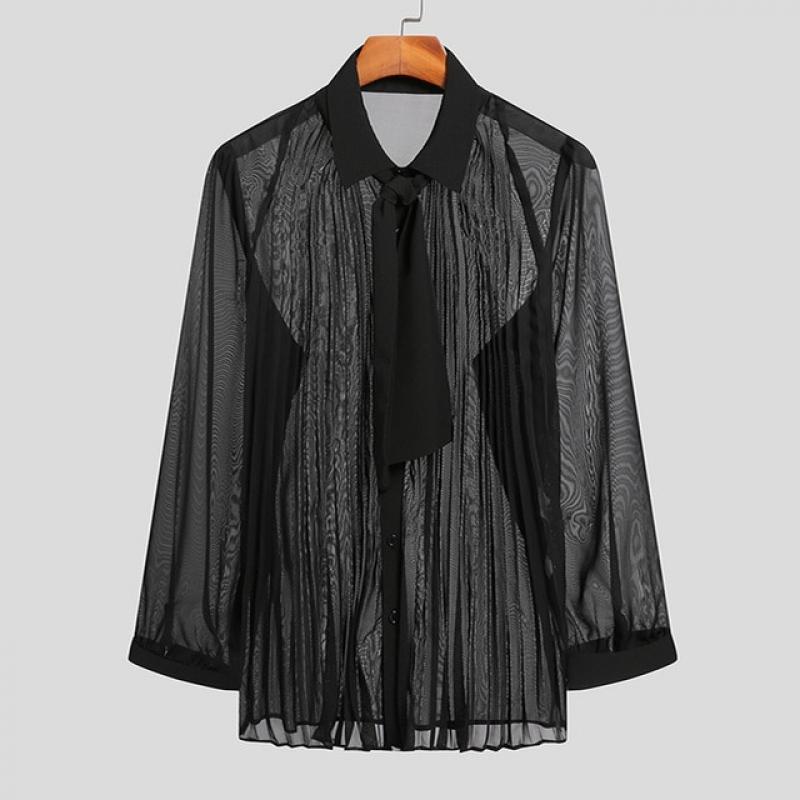 INCERUN Men Sexy Shirt Mesh See Through Lapel Long Sleeve Camisas WIth Tie Streetwear 2023 Pleated Solid Party Men Clothing 5XL