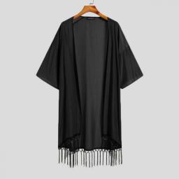 Fashion Men Shirt Tassel Open Stitch Short Sleeve Streetwear Long Style Cardigan 2023 Solid Color Casual Outerwear 5XL INCERUN