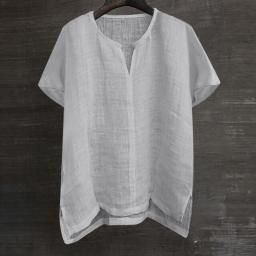 Short Sleeve Linen Shirt Men Brief Breathable Comfy Solid Color Loose Harajuku Casual Blouse Hawaiian Shirt Camisa Masculina