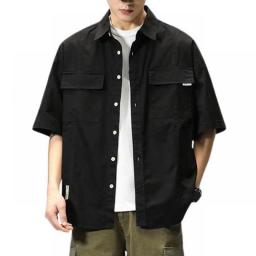 Men Cargo Shirt Hip-hop Turn-down Collar Short Sleeves Single-breasted Summer Loose Male Shirt Men's Clothing Camisa Masculina