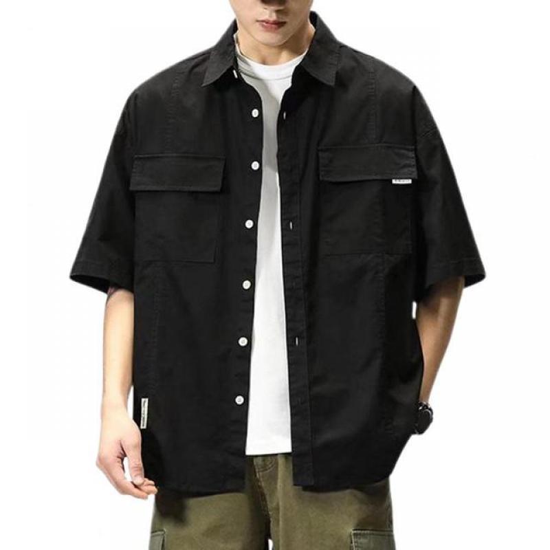 Men Cargo Shirt Hip-hop Turn-down Collar Short Sleeves Single-breasted Summer Loose Male Shirt Men's Clothing camisa masculina