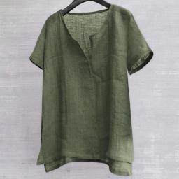 Men's Casual Blouse Cotton Linen Shirt Loose Tops Beach Short Sleeve Tee Shirt Summer V Neck Henley Shirt Handsome Men's Shirts