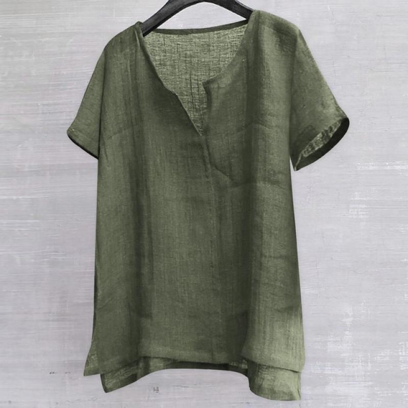 Men's Casual Blouse Cotton Linen Shirt Loose Tops Beach Short Sleeve Tee Shirt Summer V Neck Henley Shirt Handsome Men's Shirts