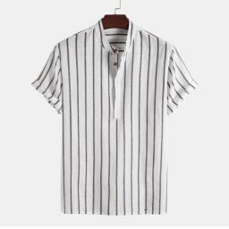 Cotton Linen Shirt Men's Summer Short-sleeved Striped Shirts Solid Color Turn-down Collar Casual Beach Style Blouse Top Pullover